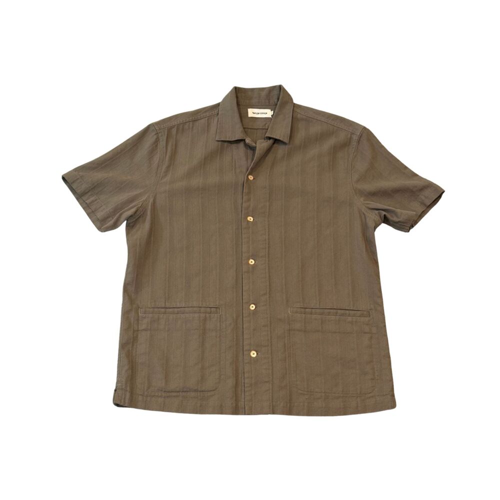 Taylor Stitch Havana Olive Jacquard Stripe Short Sleeve Button Down Size 42 L/XL